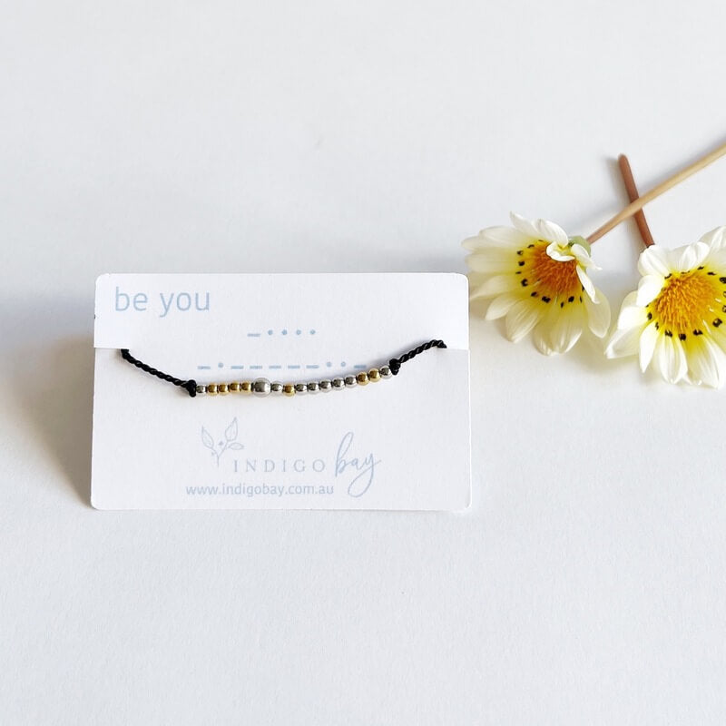 Morse Code Beaded Bracelet - Be You on black cord.
