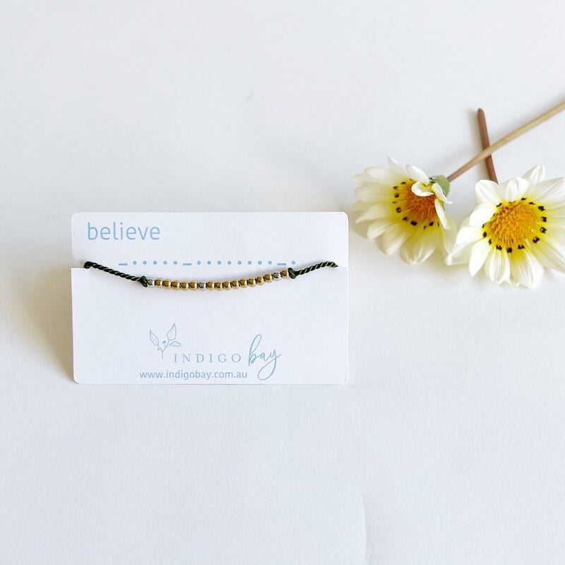 Morse Code Beaded Bracelet - Believe on olive cord