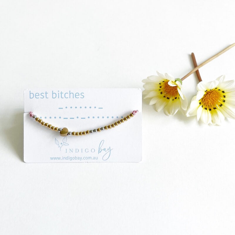 Custom Morse Code and Charm Bracelet - you choose your word and charm. Best bitches with heart charm on pink cord