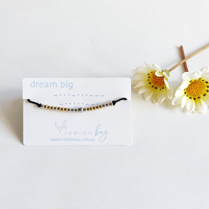 Morse Code Beaded Bracelet - Dream Big on black cord