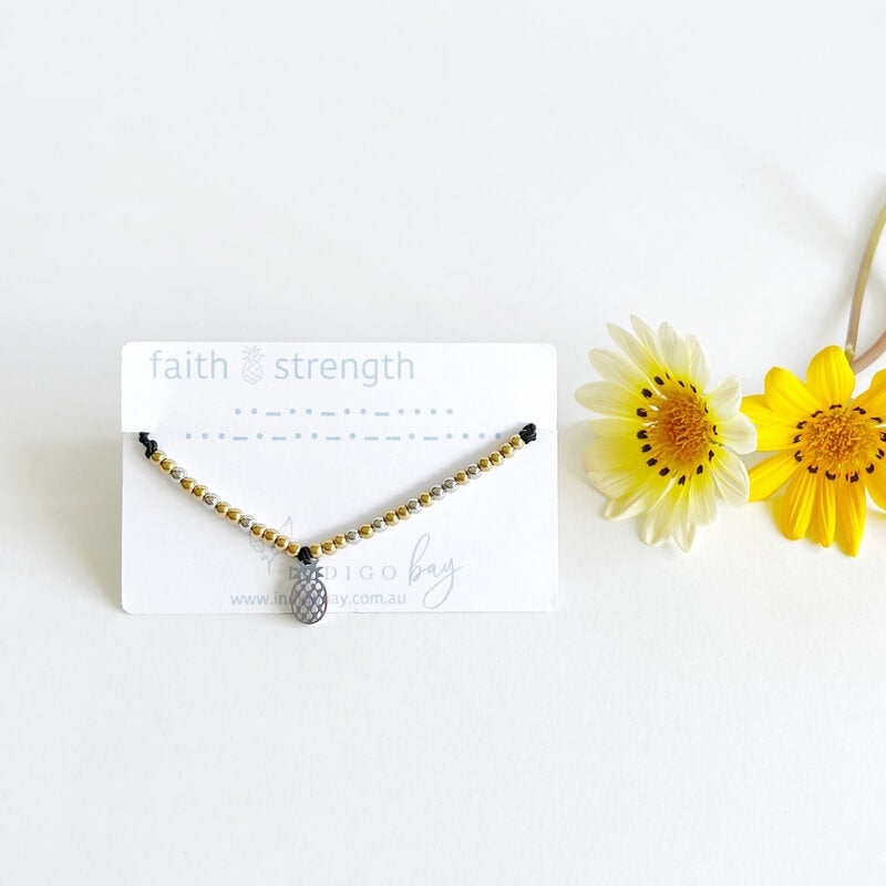 Faith Strength Morse Code and Charm Beaded bracelet with pineapple charm