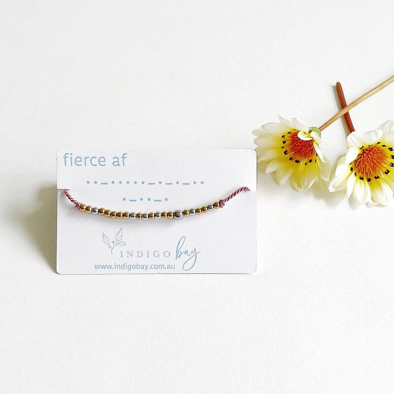 Morse Code Beaded Bracelet - Fierce AF on pink cord