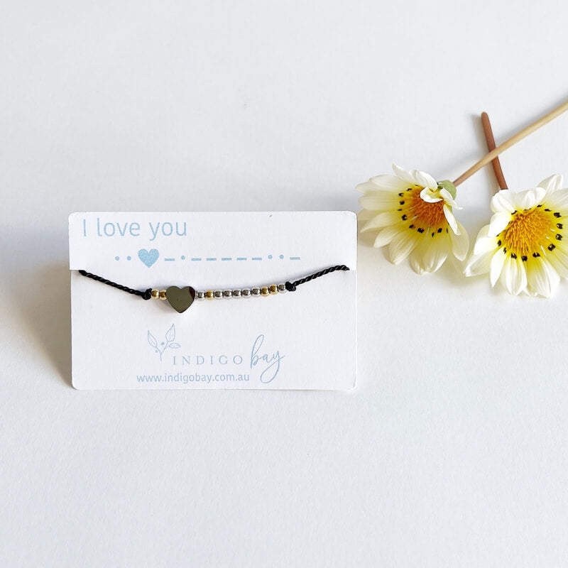 I love you Morse Code and Charm Beaded Bracelet with a stainless steel heart charm on black cord