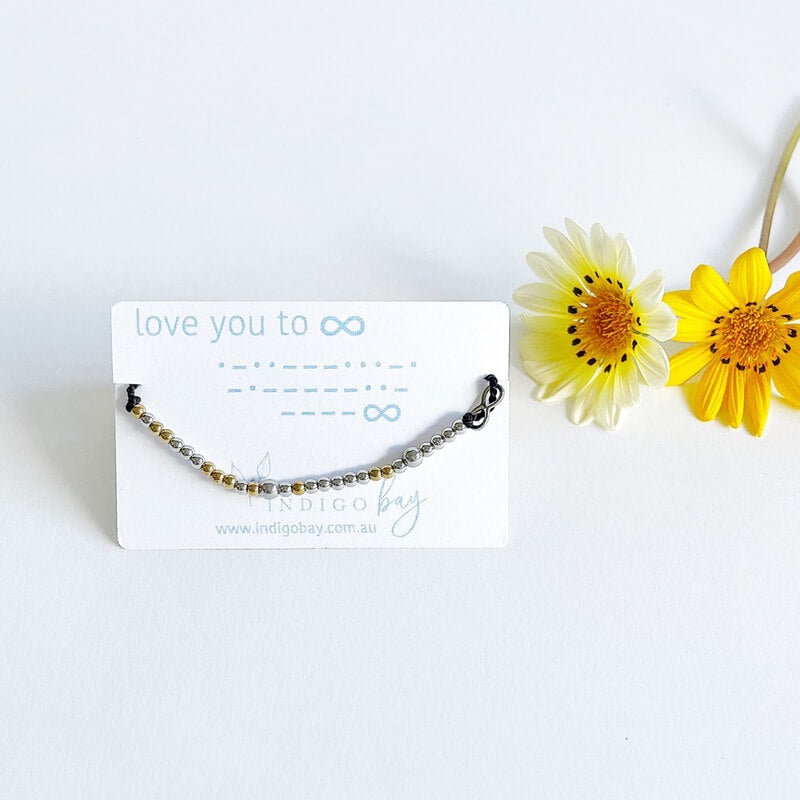 Love you to infinity Morse Code Beaded Bracelet with an infinity charm on black cord