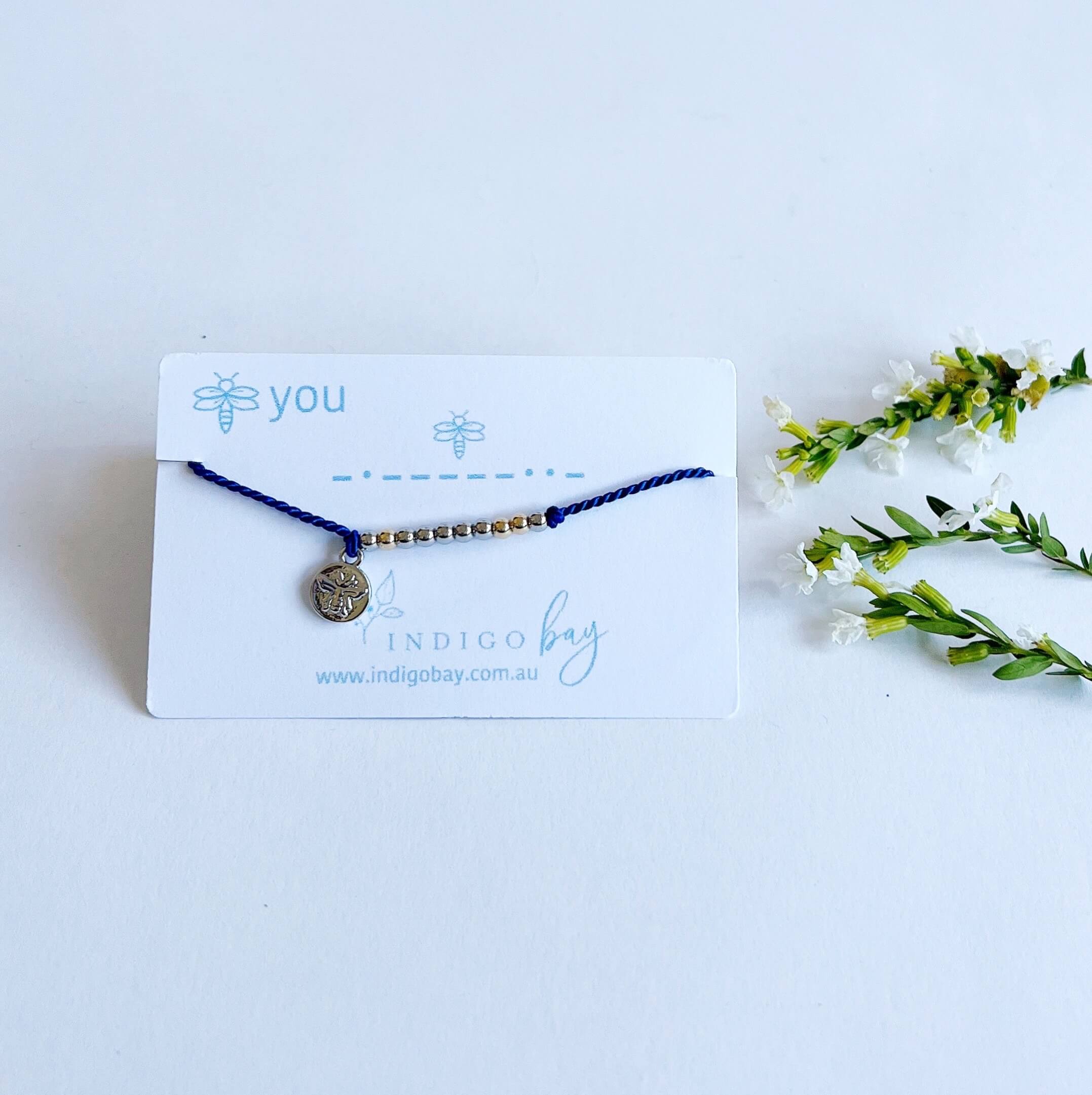 Bee You Morse Code and Charm bracelet with a bee charm on blue cord