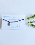 Bee You Morse Code and Charm bracelet with a bee charm on blue cord
