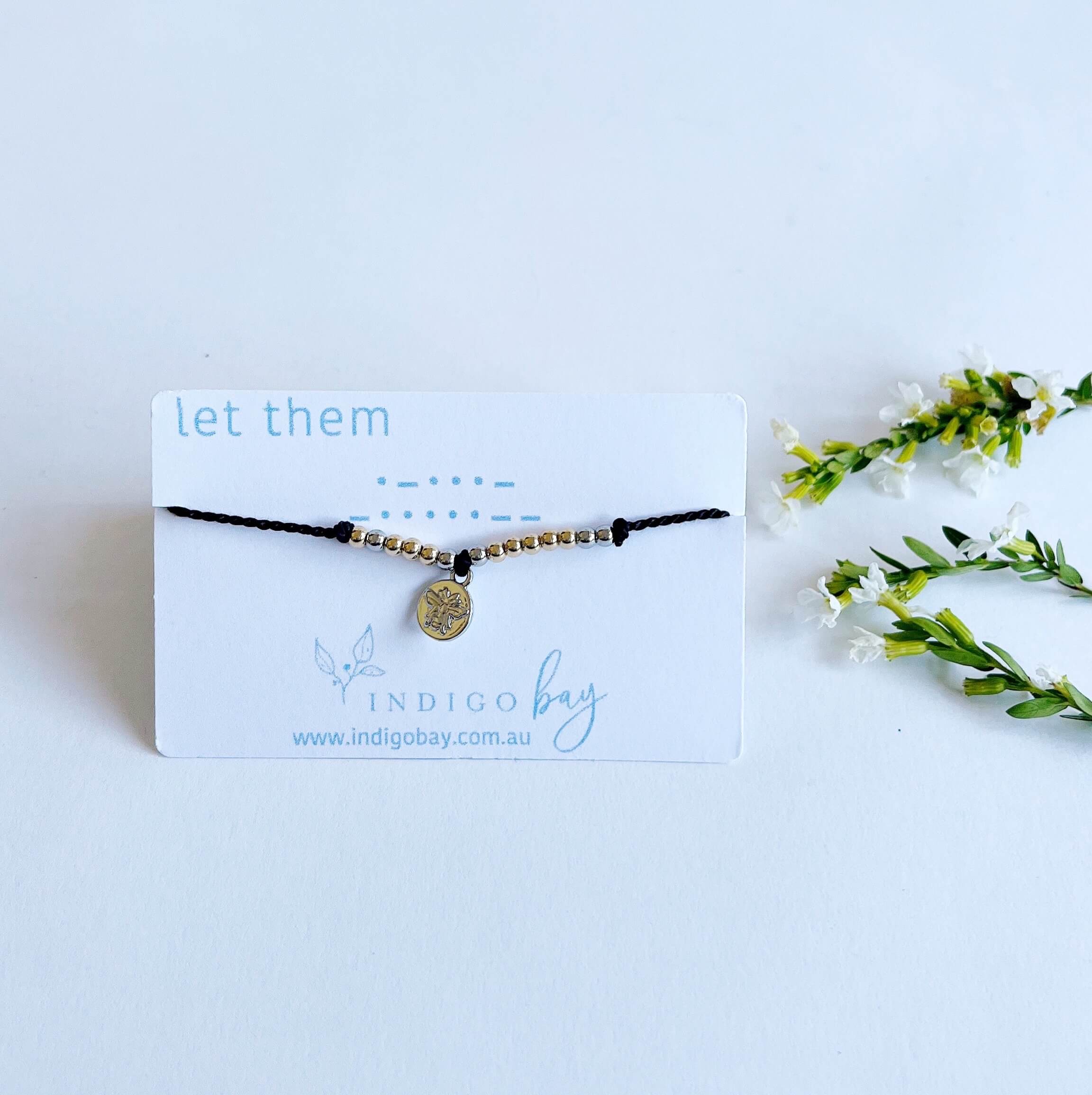 Let Them Morse Code and Charm Bracelet with a Bee Charm on black cord