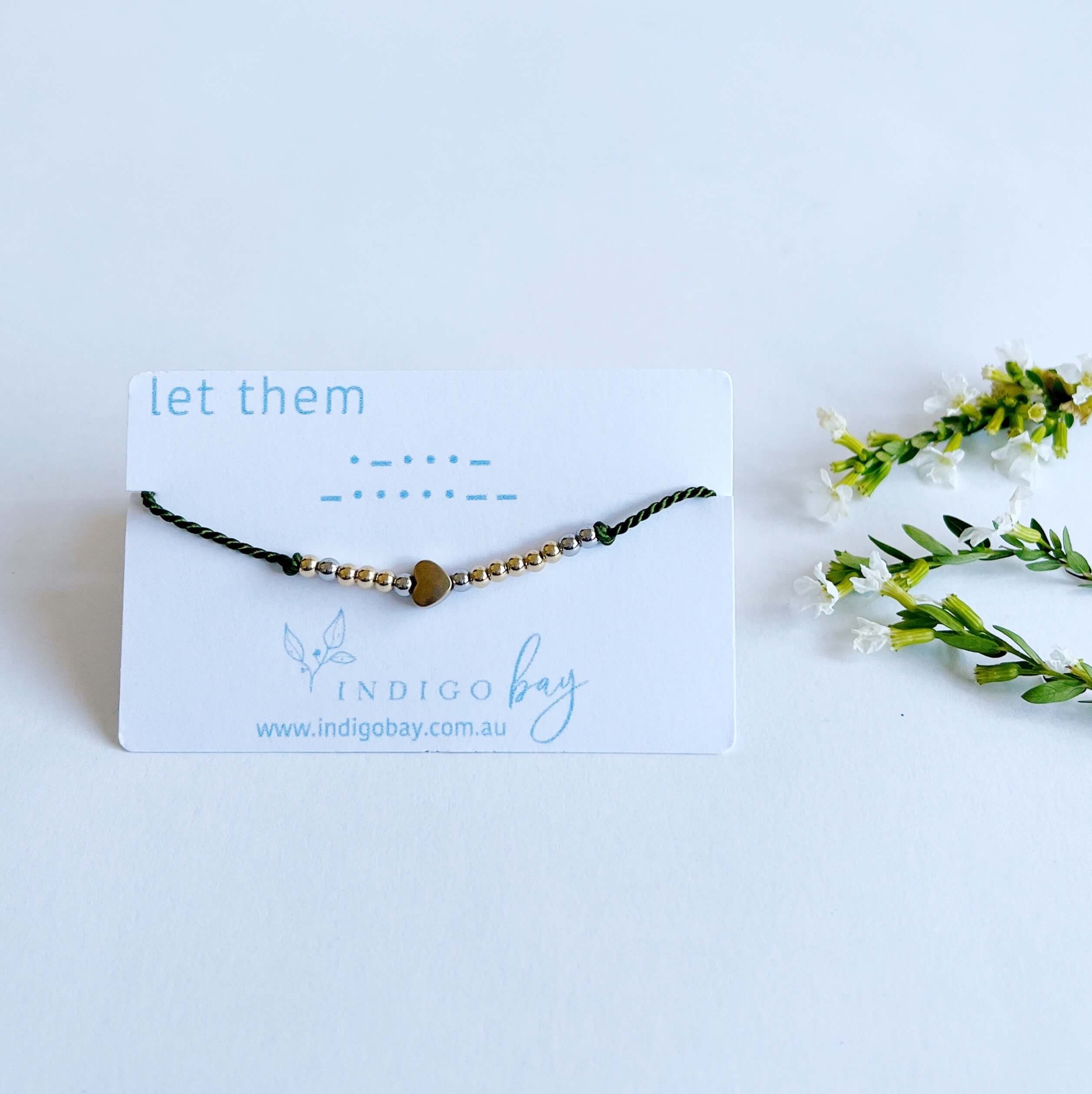 Let Them Morse Code and Charm Bracelet with a heart charm on olive cord