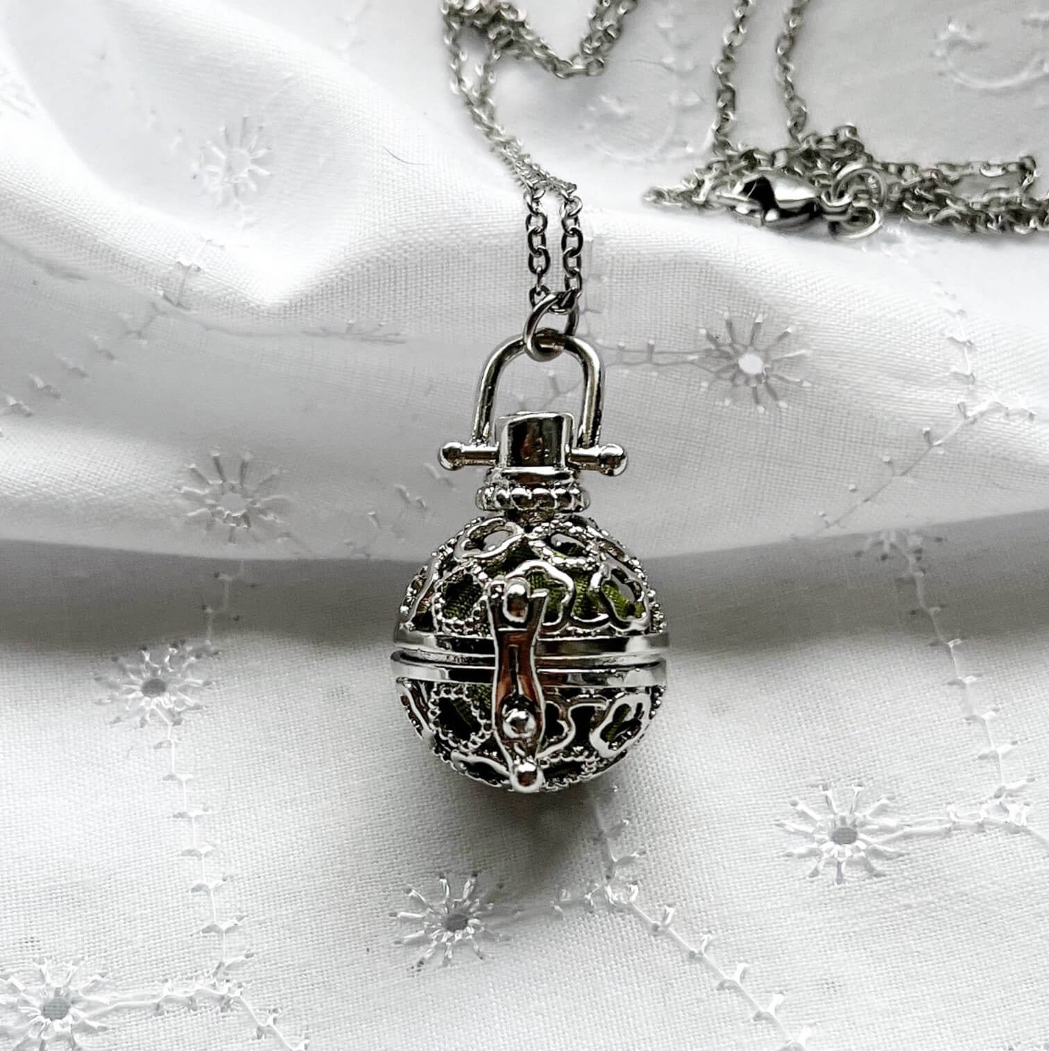 Round cage locket with green ribbon inside - Write Your Wish Necklace