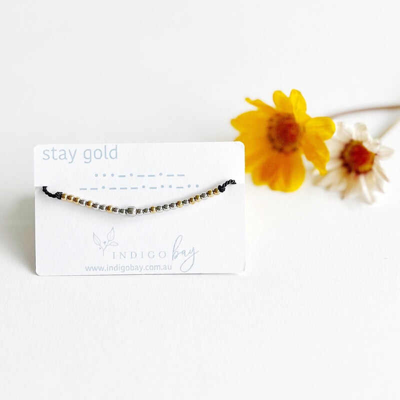 Stay Gold Morse Code Beaded Reminder Bracelet on black cord