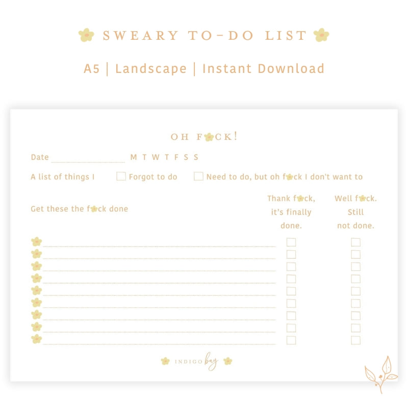 Oh Fuck! Sweary to-do list, a list of forgotten things printable