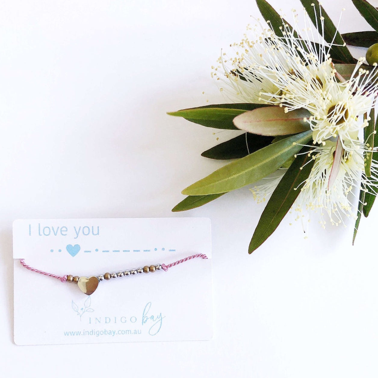 Morse Code and Charm Beaded Bracelet - I love you on pink cord