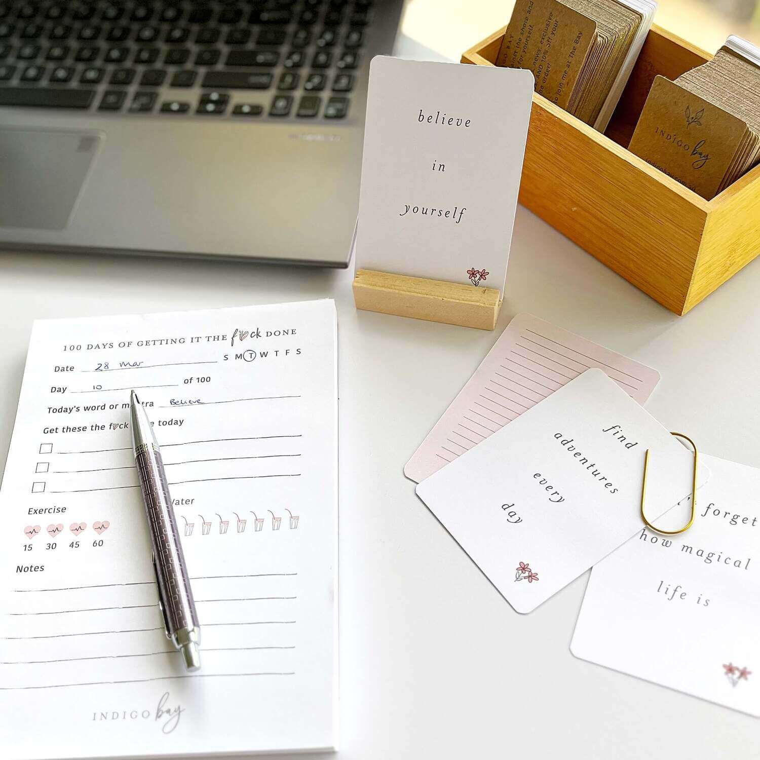 Memory Makers Sweary Self-Love Edition on a desk with believe in yourself card in a stand