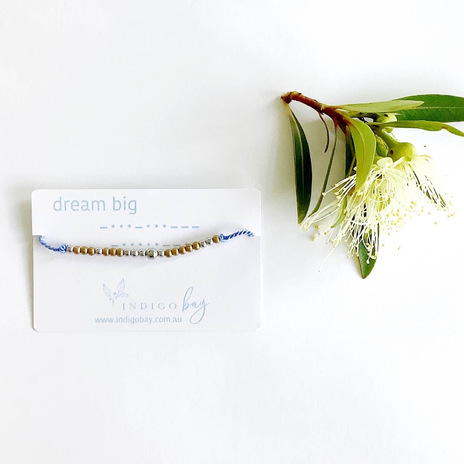 Morse Code Beaded Bracelet - Dream Big on light blue cord