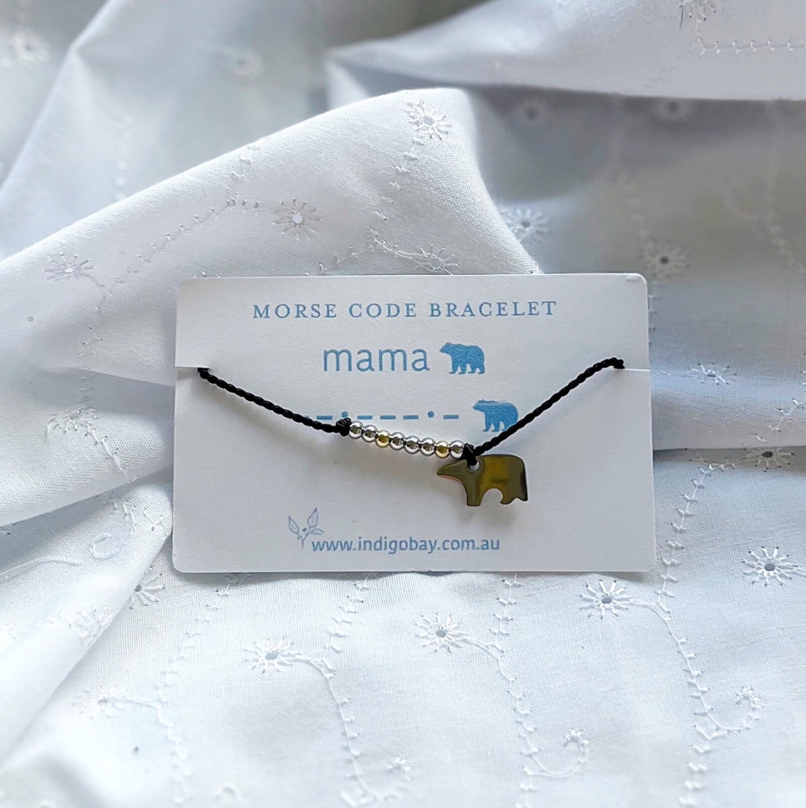 Morse Code Bracelet with the word mama in Morse Code and a bear charm. Handmade in Noosa Australia by Indigo Bay