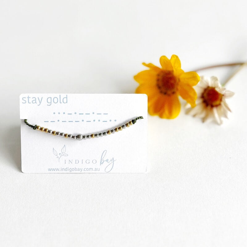 Stay Gold Morse Code Beaded Reminder Bracelet on olive cord