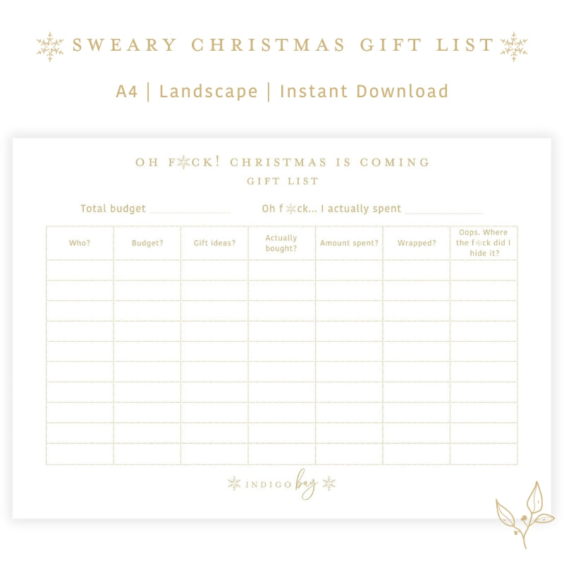 Sweary Christmas Gift List - Oh Fuck Christmas is coming instant download