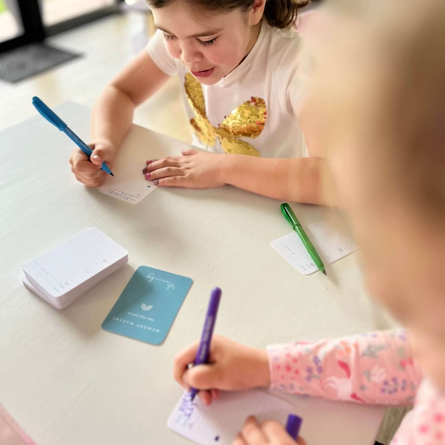 Memory Makers Your Day Edition girls filling out cards | Journal cards for families