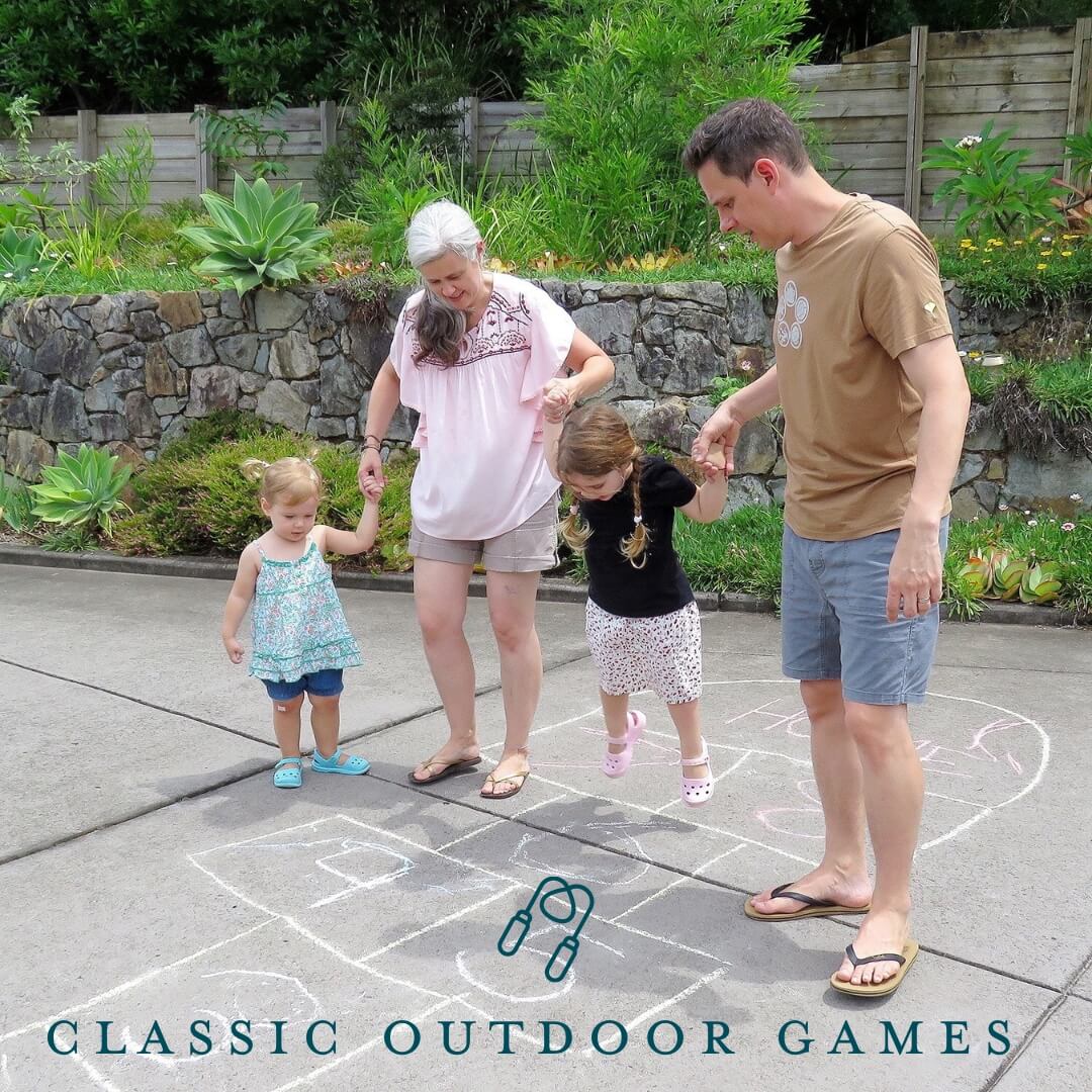 Family playing hopscotch | Memory Makers Family Edition